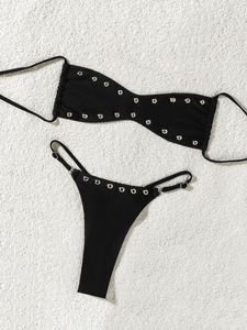 Ensemble bikini 2 pièces noir uni à lacets avec détails en strass pour femme, plage et piscine - Product Image 6