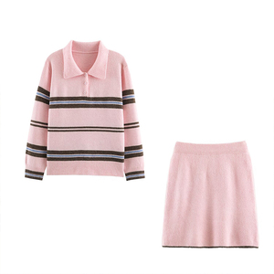 Pink Striped Knit Sweater <b>Set</b> Women Pullover <b>Jacket</b> <b>and</b> Mini <b>Skirt</b> Two Piece Autumn Outfit Casual - Product Image 1