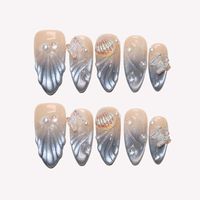Faux ongles à presser en acrylique, forme amande, French manucure, effet papillon 3D irisé, perle, dégradé œil-de-chat argent-gris, thème vacances en bord de mer