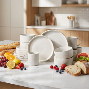 European-style Vintage Embossed Glazed Bone China <b>Microwave</b> Safe Dinnerware <b>Set</b> Four People 16-Piece Plates Flatware Soup Bowls - Product Image 1