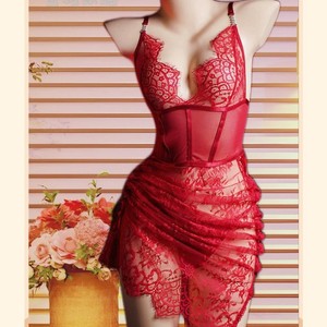 Robe de nuit sexy en dentelle romantique française, moulante, avec bretelles, transparente, à découpes, lingerie féminine rouge 043 - Product Image 1