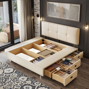 Самая продаваемая мягкая кровать для главной спальни с регулируемой высотой, обивкой из кожи, спинкой и вместительным ящиком для хранения из массива дерева - Product Image 2