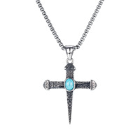 Collier personnalisé en acier inoxydable, croix d'ongle bleu turquoise, pendentif de croix de pierres précieuses bleues rétro