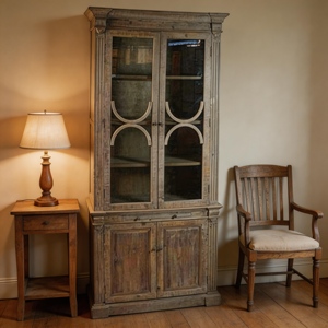 Solid Wood Somkey <b>Grey</b> Finish Glass Door Plate groove Display <b>Cabinet</b> - Product Image 2