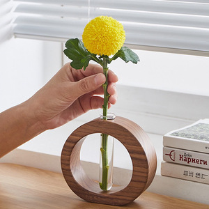 Vase à fleurs créatif en bois avec tubes à essai, design minimaliste rond, pour la décoration de la maison, du bureau, 2 pièces - Product Image 3