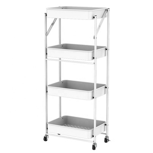 Foldable Storage Rack Multipurpose Folding 4 Layers Rolling Utility Cart Metal Foldable Storage Shelving Rack With Quiet Wheels