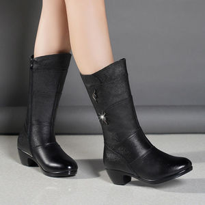 Bottes mi-<span class=keywords><strong>mollet</strong></span> en cuir noir en gros d'usine - Détail décoratif Talon bloc Quotidien Bureau Femme - Product Image 4