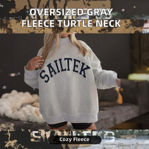 เสื้อสเวตเชิ้ตคอเต่าทรงโอเวอร์ไซส์สำหรับผู้หญิง สีเทา ผ้าฟลีซ แขนยาว ปักลาย เป็นมิตรกับสิ่งแวดล้อม สไตล์ลำลอง - Product Image 2