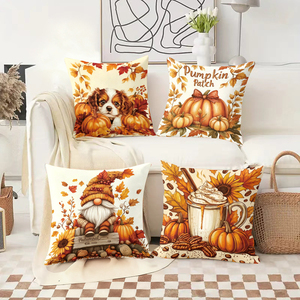 Bantal hias musim gugur dengan motif labu, anak anjing, gnome, dan minuman hangat untuk dekorasi rumah sesuai musim. - Product Image 2