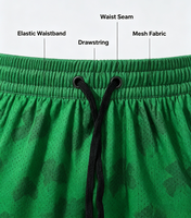 Shorts de basketball pour hommes 100 % polyester respirant à séchage rapide, imprimé trèfle, taille élastique avec cordon de serrage et bordure contrastante