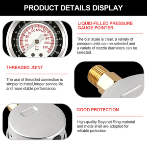 Manomètre à fond plat avec cadran noir, rempli de glycérine, boîtier en acier inoxydable, raccord en laiton avec anneau serti, fabriqué en usine - Product Image 3
