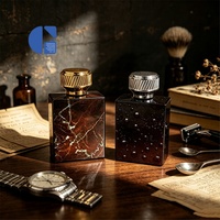 Flacon de parfum carré en verre de luxe GC pour hommes avec bouchon métallique torsadé côtelé, revêtement marbré effet goutte d'eau, flacon de parfum vide