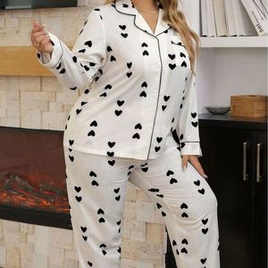 Ensemble de pyjama pour femmes en taille grande, cardigan en tissu gaufré à manches longues, pantalon, ensemble Sweet Home en forme de cœur, 2 pièces, pyjama grande taille pour femmes - Product Image 2
