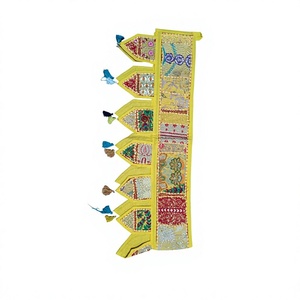 Handmade Patchwork Toran Hanging <b>Door</b> Valance Embroidered Window Decorative Banner Yellow With Colorful Patterns And Tassels - Product Image 1
