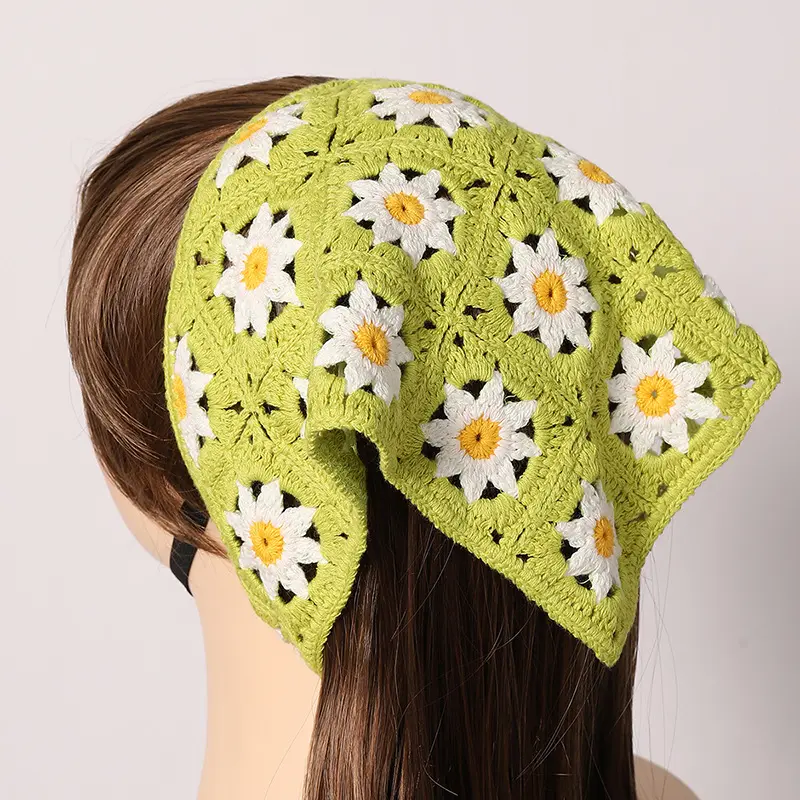 Lenço de cabelo de malha boho lenço de cabeça bandana de crochê com padrão de flores lenço triangular