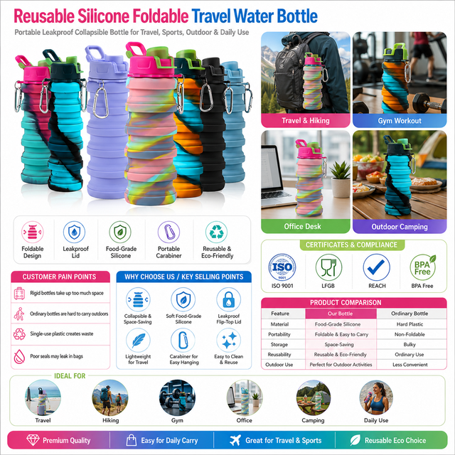Customized Logo Reusable Silicone Collapsible Travel Water Bottle Factory Direct Supply