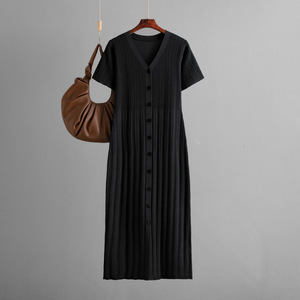 Vestido Casual de Verano para Mujer, Estilo 2026, Cuello en V, Manga Corta, Cintura Larga, Ajustado, Tejido de Punto, Color Puro - Product Image 3
