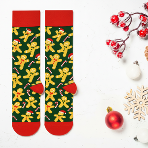 Colorful Christmas Themed Sock Breathable Gingerbread Man <b>Candy</b> <b>Cane</b> Design Bows Pattern One Size Fits All for Winter Season - Product Image 3