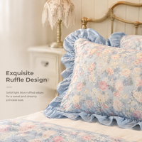 Parure de lit 3 pièces style pastoral à motif floral rose bleu, housse de couette à volants, couvre-lit doux en pur coton pour filles