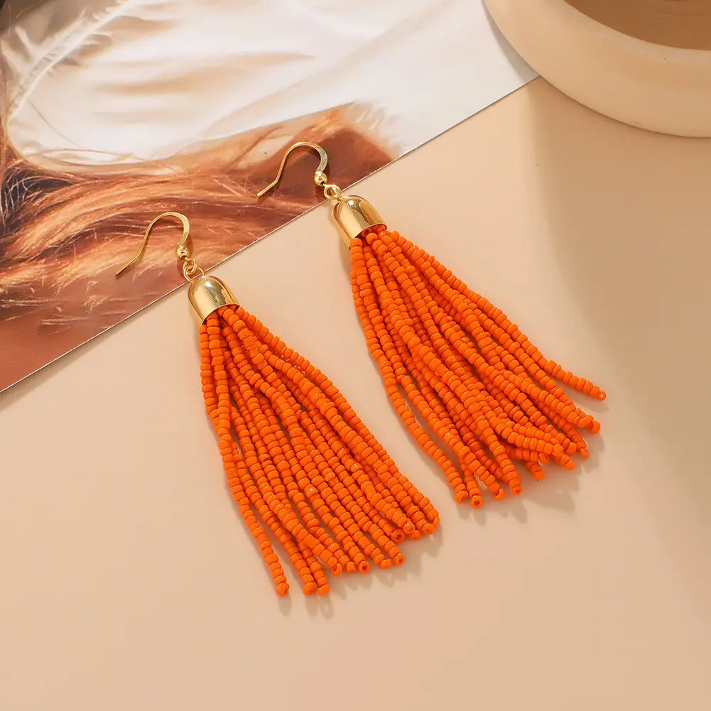 Bohemian Handmade Seed Bead Fringe Drop Earrings Boho Beaded Statement Chandelier Dangle Earrings for Women Girls Party Summer