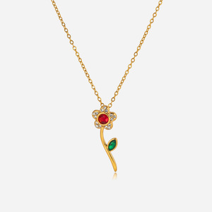 Collier pendentif fleur plaqué or 18 carats avec strass, centre rouge, feuille verte, bijou de tous les jours, cadeau pour femme - Product Image 1