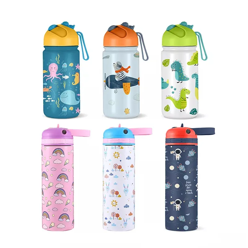 14oz 18oz Stainless Steel Kids Water Bottle Straw Drinking Children Bpa Free Kids Drink School Cute Pattern Water Bottle