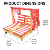 Chaise longue double pour enfants avec auvent, chaise d'extérieur en bois avec coussins et porte-gobelets pour patio et bord de piscine