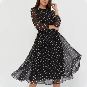 2023 Zomer Casual Ronde Hals Lange Mouw Vrouwen Elegante Chiffon Jurk Vintage Zwarte Polka Dot Midi Jurken