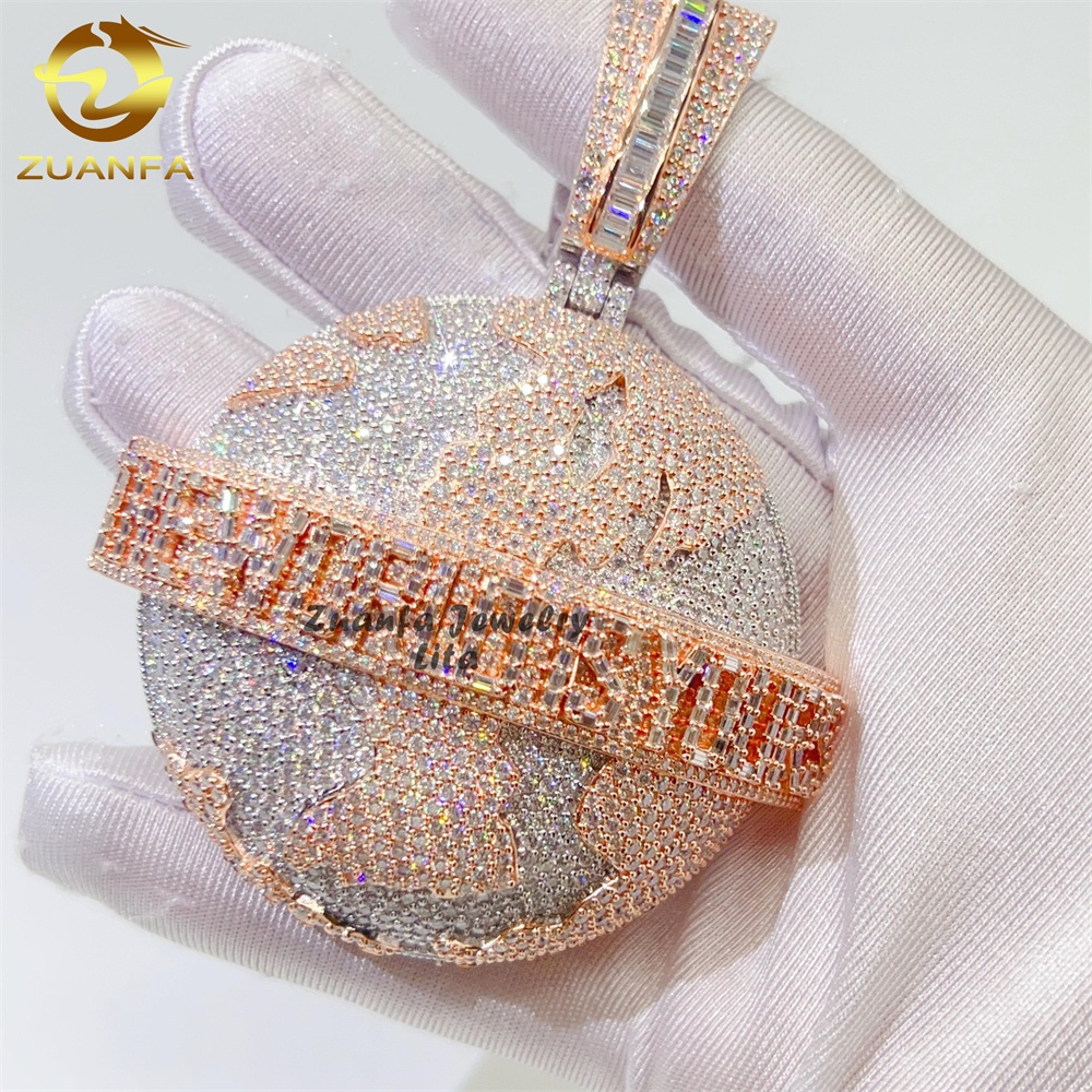 925 Sterling Silber zweifarbige 3D Erde Hip Hop Iced Out VVS Moissan ite Diamant Anhänger für Herren