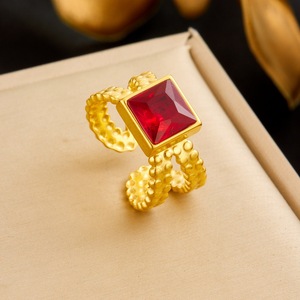 Geometric Square Gold Plated <b>Adjustable</b> <b>Ring</b> With Red Stone Bezel Setting Unisex Party Jewelry - Product Image 1