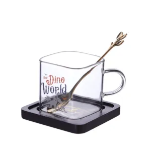 Benutzer definierte Fabrik Preis Tee Milch becher Glas Tasse Kaffee Glas becher und Holz tablett mit Löffel