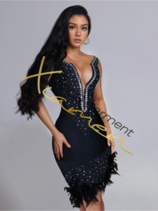 Ocstrade di lusso argento strass con scollo a V abiti da sera eleganti alla moda abiti da Cocktail Midi in piuma nera - Product Image 6