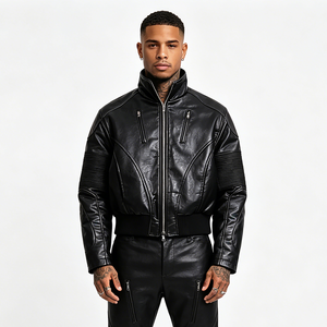 Blouson en cuir matelassé pour <span class=keywords><strong>homme</strong></span> et femme, en <span class=keywords><strong>peau</strong></span> <span class=keywords><strong>de</strong></span> <span class=keywords><strong>mouton</strong></span> véritable épaisse, avec col montant et empiècements, style motard et universitaire - Product Image 2
