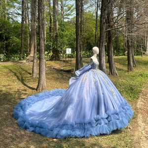 Robe de soirée longue moderne et élégante bleue, style robe de bal, en <span class=keywords><strong>dentelle</strong></span>, avec sequins et perles, pour Quinceañera, fabriquée aux États-Unis - Product Image 6