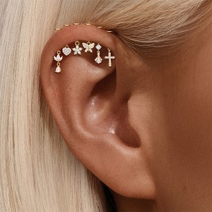 Piercing Labret sans fil en argent sterling 925, motif fleur et étoile, avec zircon CZ transparent doré vintage, pour lèvre - Product Image 3