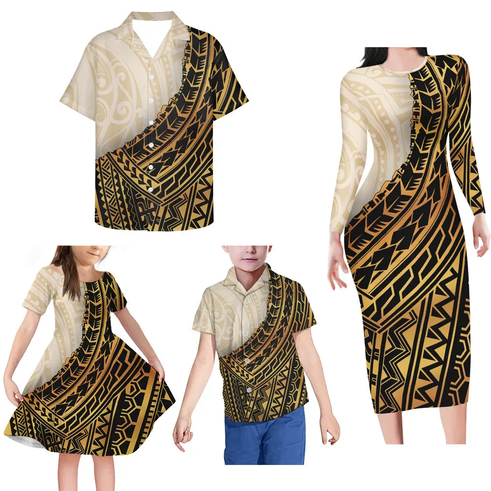 Factory Direct Sale Print Polynesian Tattoo Dress Family Matching Dresses Sexy Bodycon Dress Long Sleeve Family Set Wholesale