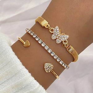 Trendy 3pcs Set Gold Plated Butterfly <b>Bracelets</b> Fashionable Zircon Jewelry for Women & Men for Anniversary Parties & Daily Life - Product Image 1