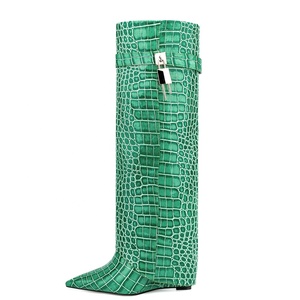 Size 44 Women Stone Print Knee High <b>Booties</b> Designer Wedge Heels Folded Over Shark Lock Boots Green Pointy Toe Overlay Shoes - Product Image 1