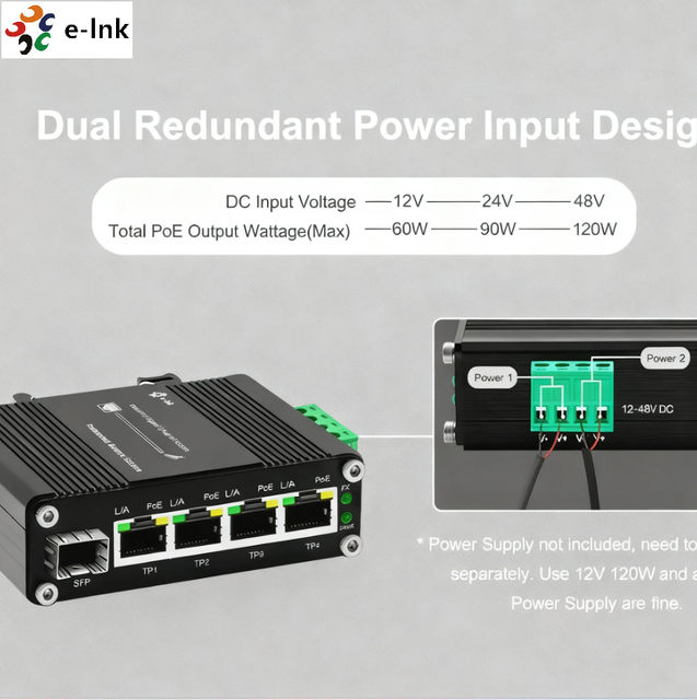 Industrial 4-Port Gigabit PoE+ Switch SFP Slot 12-48VDC Wide Voltage Booster Harsh Environment Ethernet Network 20Gbps Capacity
