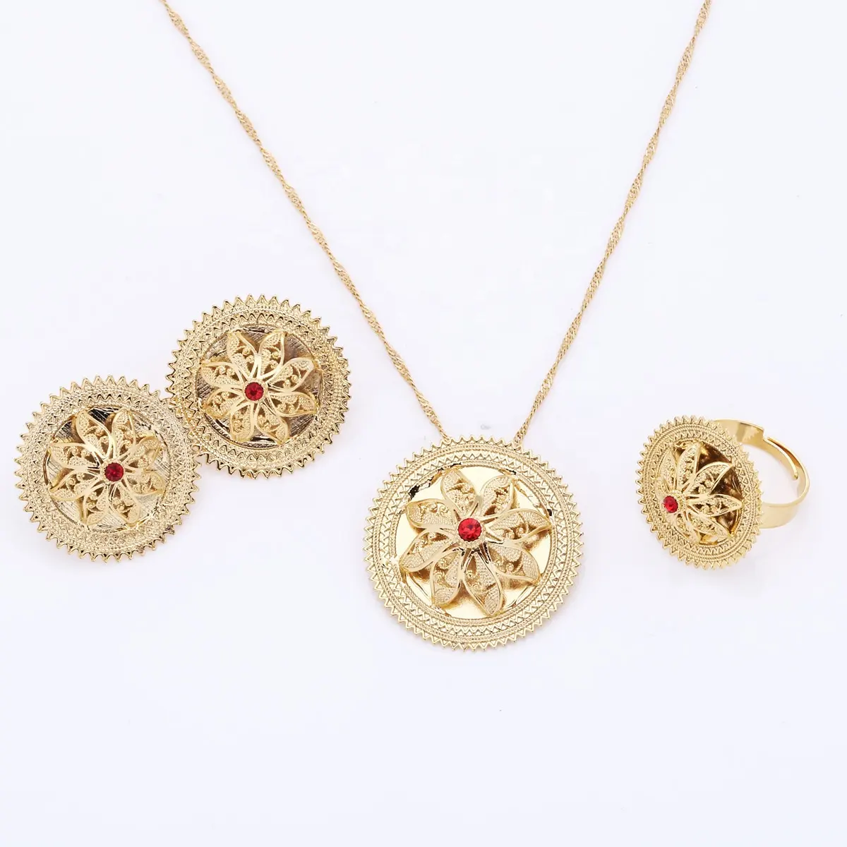 Trendy Ethiopian Jewelry Set Gold Color Pendant Necklace Earrings Ring African Arabian Jewellery