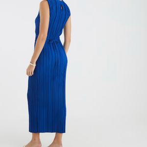 Vestido Maxi Casual Bohemio Azul de Chifón Ecológico con Cintura Elástica, Sin Mangas, Plisado, con Cinturón, Diseño de Retazos Tejidos, Color Sólido, Talla XS - Product Image 3