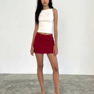 Women High Waist Solid Red Denim Mini <b>Skirt</b> with Pocket Decoration Stretchy Pencil Sporty Summer - Product Image 1