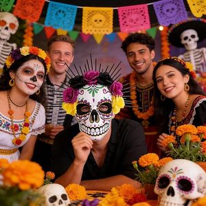 Masque de Crâne Rose du Jour des Morts Mexicain, Masque Squelette en Mousse Intégral Réutilisable pour <span class=keywords><strong>Cosplay</strong></span>, Halloween et Soirées Masquées - Product Image 4