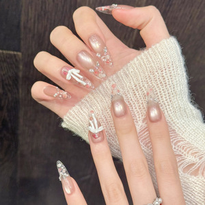 Diseño # 3482 <span class=keywords><strong>Uñas</strong></span> Postizas de Gel 3D de Lujo, Diseño de Lazo Blanco con Perlas, Efecto Ojo de Gato, Acrílicas, Largas, Ovaladas, Hechas a Mano, 10 Piezas - Product Image 3