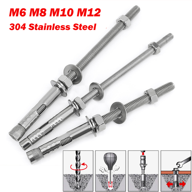304 Stainless Steel Sleeve Anchor Bolt M6-M12 Hex Head Bright Uncoated Easy Install for Car & Gecko Repair