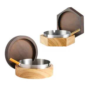 Outdoor Portable Wooden Luxury Cigar Walnut Ashtray Round Wooden Cigar Ashtray with Lid Smoking Ashtray for Hom
