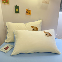 Parures de lit brodées à thème dessin animé, housse de couette en coton prélavé avec drap-housse pour dortoir étudiant