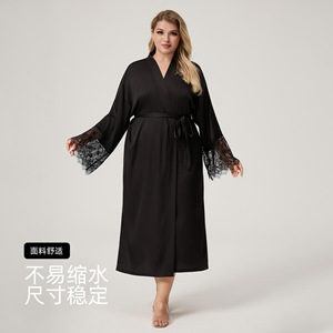 Bata de Dormir de Satén y Chifón para Mujer, Estilo Sencillo y Elegante con Ribete de Encaje, Manga Larga, Talla Grande, Ropa de Estar Suave - Product Image 3