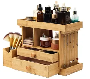 Bamboo Desk Cosmetic Storage Multi-function Makeup Organizer At Home Office Bathroom Organizer Storage Box Jewelry