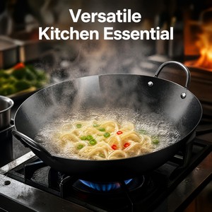 Large Capacity <b>Cast</b> Iron Carbon Steel Wok Stable Double Riveted Loop Handles Stir Fry <b>Pan</b> For High Fire Professional Kitchen - Product Image 6
